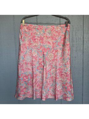 Ann Taylor Paisley Midi Skirt Pink Turquoise A-Line Boho Preppy Feminine Coastal